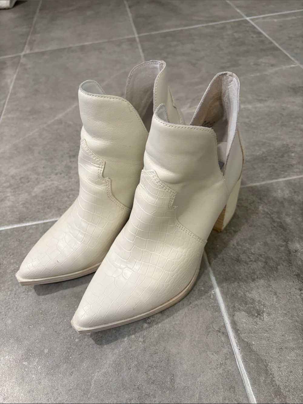 Steve Madden Cream Croc-Embossed Pointed Ankle Booties